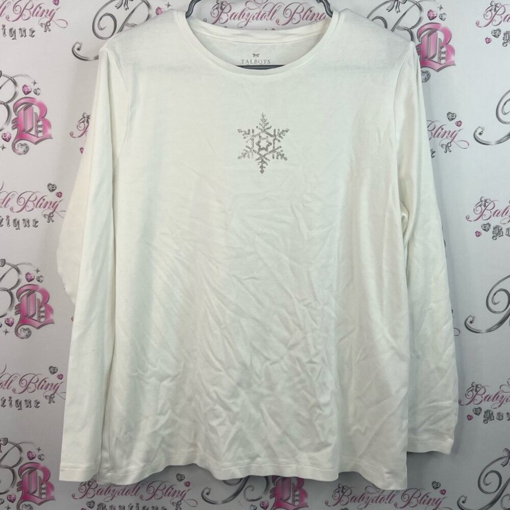 Talbots long sleeve snowflake ❄️ silver grey detail White Cotton Long Sleeve Top